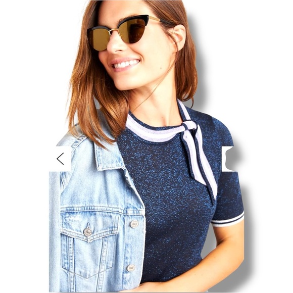 Anthropologie NUMPH Sparkly Navy with White Accents Short Sleeve Tie Collar Top - Picture 2 of 16